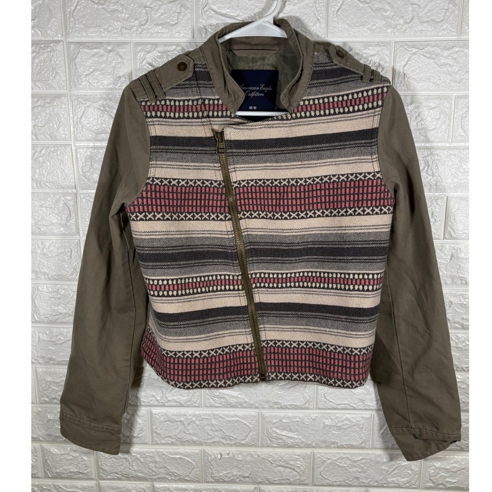 American Eagle Womens‎ Jacket Medium Moto Military Tribal Stripe Olive Green